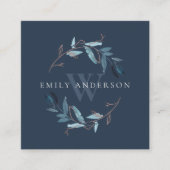 ネイビーピンクブルーリーフイニシャルリースプロフェッショナル スクエア名刺 (正面)