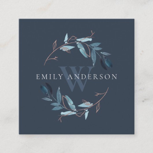 ネイビーピンクブルーリーフイニシャルリースプロフェッショナル スクエア名刺 (正面)