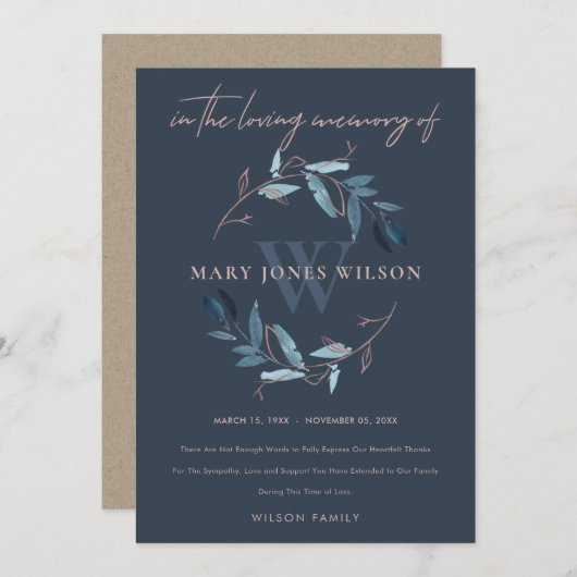 ネイビーピンクブルー葉リース悔やみや弔慰メモリアル サンキューカード (正面/裏面)