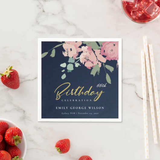 ネイビーピンクブルー金ゴールド牡丹フローラ任意の年齢誕生日 スタンダードカクテルナプキン (インサイチュ)