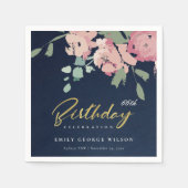 ネイビーピンクブルー金ゴールド牡丹フローラ任意の年齢誕生日 スタンダードカクテルナプキン (正面)