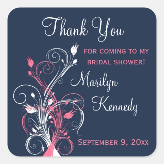ネイビーピンクホワイトフローラブライダルシャワーシール スクエアシール (正面)