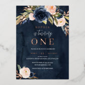 ネイビーピンクローズ金ゴールドフローラガール1st誕生日 箔招待状 (正面)