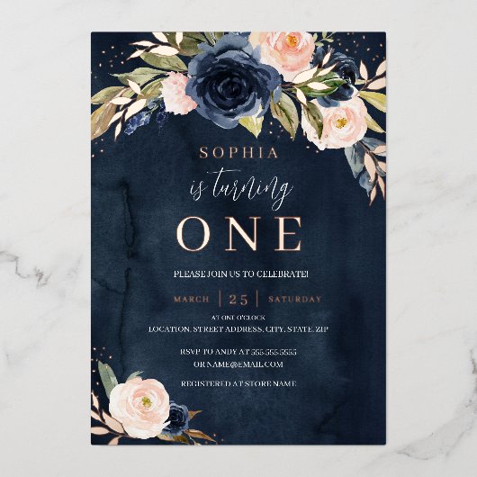 ネイビーピンクローズ金ゴールドフローラガール1st誕生日 箔招待状 (正面)