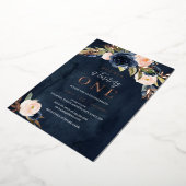 ネイビーピンクローズ金ゴールドフローラガール1st誕生日 箔招待状 (回転した状態)