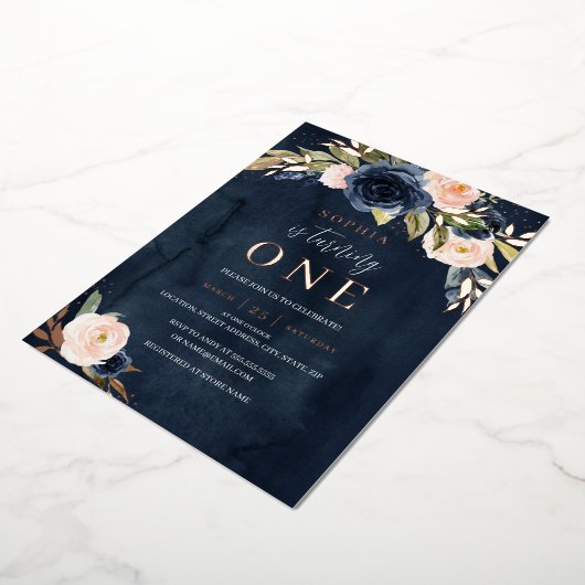 ネイビーピンクローズ金ゴールドフローラガール1st誕生日 箔招待状 (回転した状態)