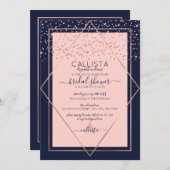 ネイビーピンクローズ金ゴールド紙吹雪ブライダルシャワー 招待状 (正面/裏面)