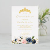 ネイビーピンク咲きフローラ蝶キンセアニェラ 箔招待状 (立ち正面)