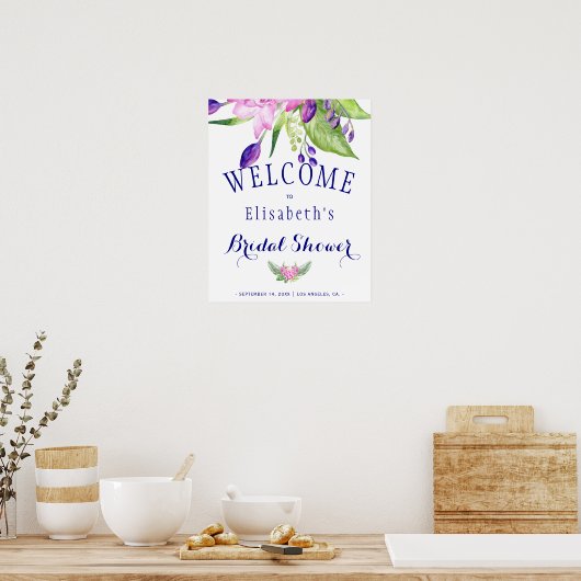 ネイビーピンク夏のフローラブライダルシャワー歓迎サイン ポスター (キッチン)