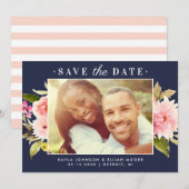 ネイビーピンク水色のフローラ結婚の写真 セーブザデート (正面/裏面)