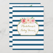 ネイビーピンク水色フローラストライプベビーシャワー 招待状 (正面/裏面)
