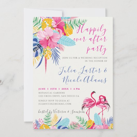 ネイビーピンク熱帯野生の森の結婚式のレセプション 招待状 (正面)