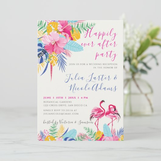 ネイビーピンク熱帯野生の森の結婚式のレセプション 招待状 (スタンド正面)