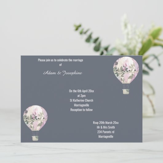 ネイビーピンク熱気球エレガントな結婚式 招待状 (スタンド正面)
