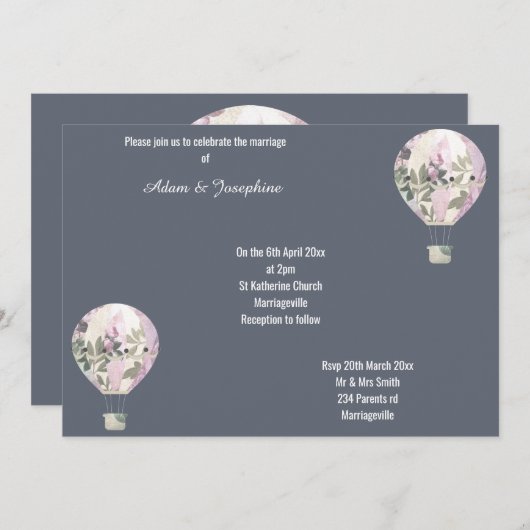 ネイビーピンク熱気球エレガントな結婚式 招待状 (正面/裏面)