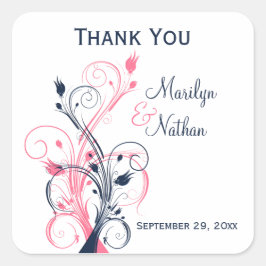 ネイビーピンク白フローラ1.5インチ結婚ステッカー スクエアシール