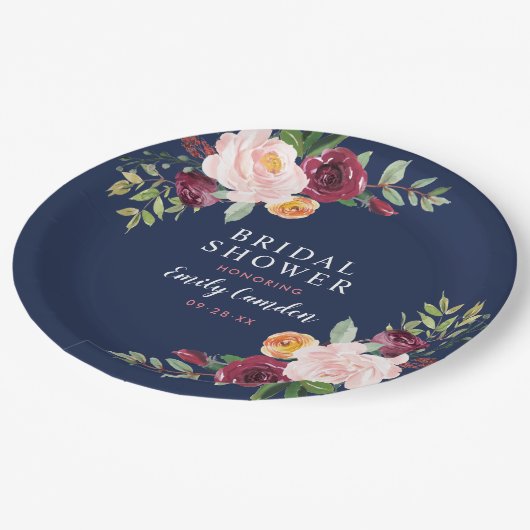 ネイビーピンク素朴クブルゴーニュフローラブライダルシャワー ペーパープレート (アングル)
