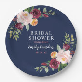 ネイビーピンク素朴クブルゴーニュフローラブライダルシャワー ペーパープレート (正面)