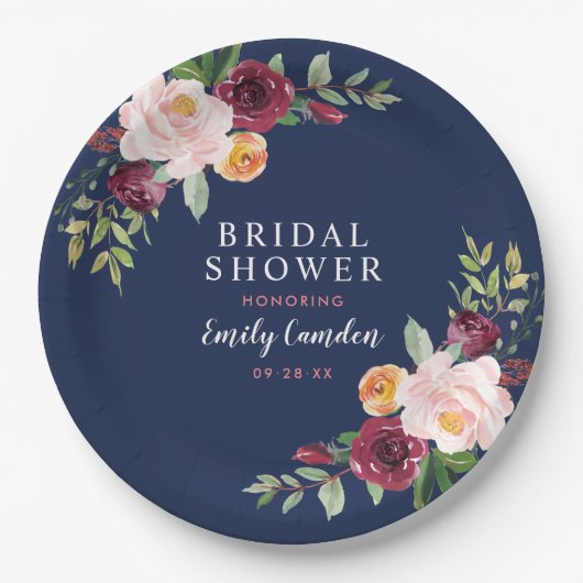 ネイビーピンク素朴クブルゴーニュフローラブライダルシャワー ペーパープレート (正面)
