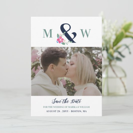 ネイビーピンク美しいフローラアンパサンド写真 セーブザデート (スタンド正面)