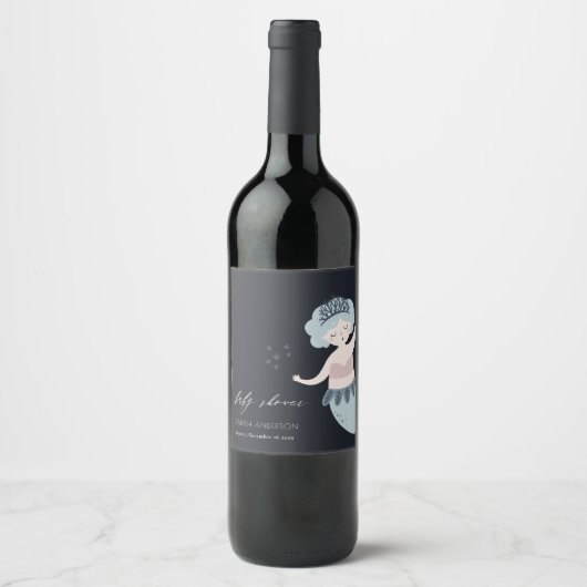 ネイビーピンク赤面ブルー小さな人魚ベビーシャワー ワインラベル (正面)