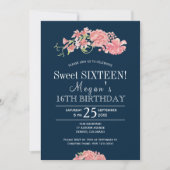 ネイビーピンク赤面牡丹シックなフローラsweet sixteen 招待状 (正面)