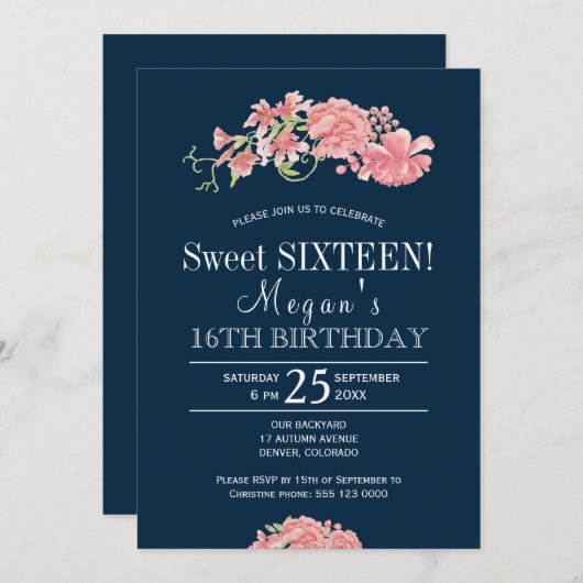 ネイビーピンク赤面牡丹シックなフローラsweet sixteen 招待状 (正面/裏面)
