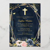 ネイビーピンク金ゴールドクロスフローラガールバプテスマ 箔招待状 (正面)