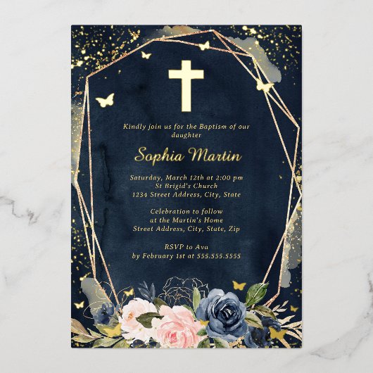 ネイビーピンク金ゴールドクロスフローラガールバプテスマ 箔招待状 (正面)