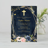 ネイビーピンク金ゴールドクロスフローラガールバプテスマ 箔招待状 (立ち正面)