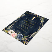 ネイビーピンク金ゴールドクロスフローラガールバプテスマ 箔招待状 (回転した状態)