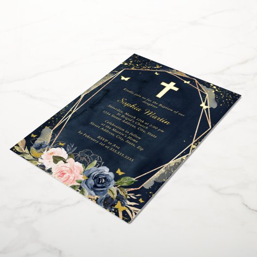 ネイビーピンク金ゴールドクロスフローラガールバプテスマ 箔招待状 (回転した状態)