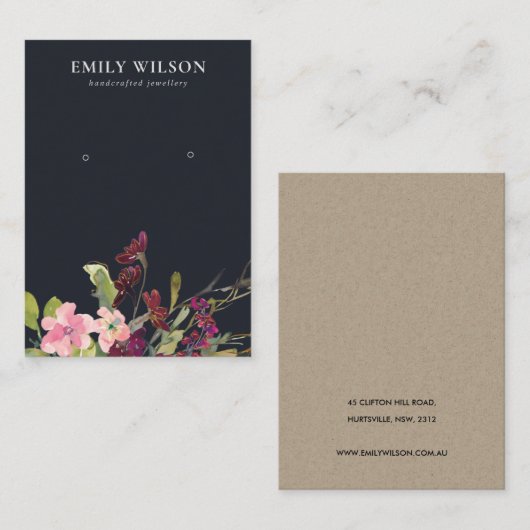 ネイビーピンク金ゴールドブルゴーニュバラフローライヤリングディスプレイ 名刺 (正面/裏面)