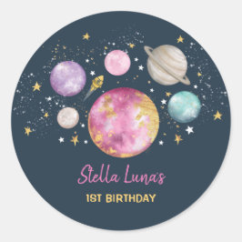 ネイビーピンク金ゴールド宇宙女子バースデーパーティー ラウンドシール