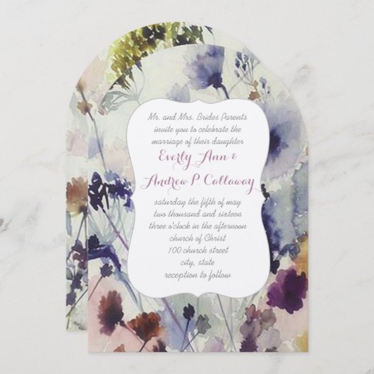 ネイビーピンク&グリーンワイルドフラワーウォーター結婚カラー 招待状 (正面/裏面)