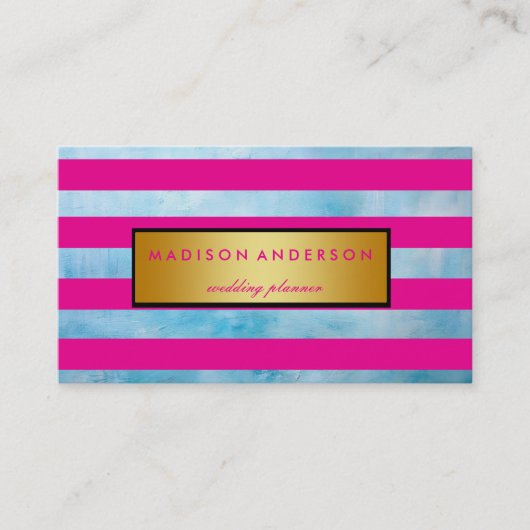 ネイビーピンク&ホワイトシックストライプ金ゴールド 名刺 (正面)