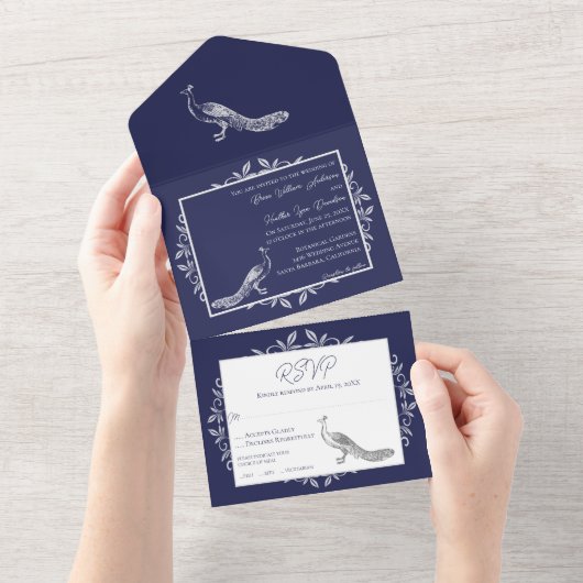 ネイビーピーコックオールインワン招待状 オールインワン招待状 (貼ってはがせる)