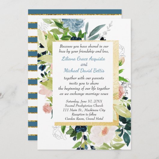 ネイビーピーチと金ゴールドウォーター色のフローラ結婚ズ 招待状 (正面/裏面)