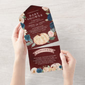 ネイビーピーチフローラカボチャBurgundy赤ベビーシャワー オールインワン招待状 (貼ってはがせる)