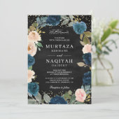 ネイビーピーチフローラQRコードブラックムスリム結婚ズ 招待状 (スタンド正面)