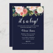 ネイビーピーチボタニカルフローラベビーシャワー 招待状 (正面/裏面)