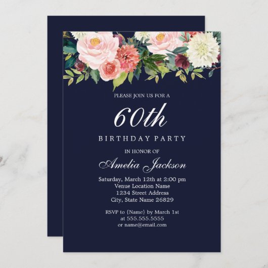 ネイビーピーチボタニカルフローラ60誕生日 招待状 (正面/裏面)