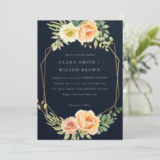 ネイビーピーチ砂漠の多肉性のサボテン結婚の葉 招待状 (スタンド正面)