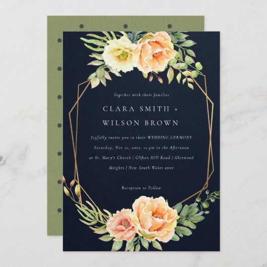 ネイビーピーチ砂漠の多肉性のサボテン結婚の葉 招待状 (正面/裏面)