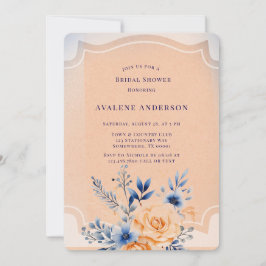 ネイビーピーチ絵を描フローラブライダルシャワー 招待状