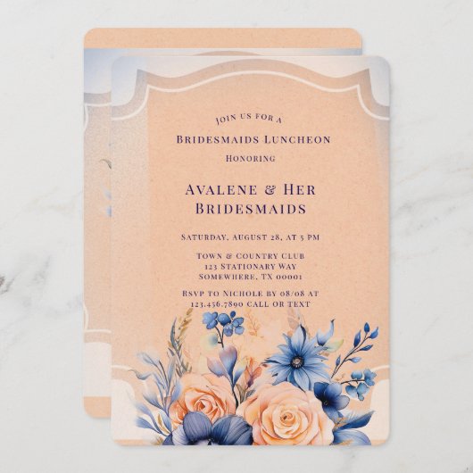 ネイビーピーチ絵を描フローラブリデスメイドランチョン 招待状 (正面/裏面)
