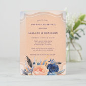 ネイビーピーチ絵を描フローラ結婚お祝い 招待状 (スタンド正面)