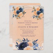 ネイビーピーチ絵を描フローラ結婚ズ・カップルシャワー 招待状 (正面/裏面)