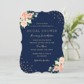 ネイビーピーチ金ゴールドフローラ紙吹雪ブライダルシャワー 招待状 (スタンド正面)