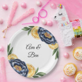 ネイビーピーニーシトラスウォーターカラー結婚フローラ ペーパープレート (パーティー)